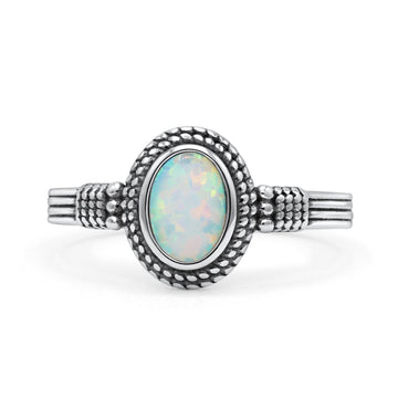 New Design Oxidized Statement Fashion Oval Thumb Ring Lab Created White Opal Solid 925 Sterling Silver